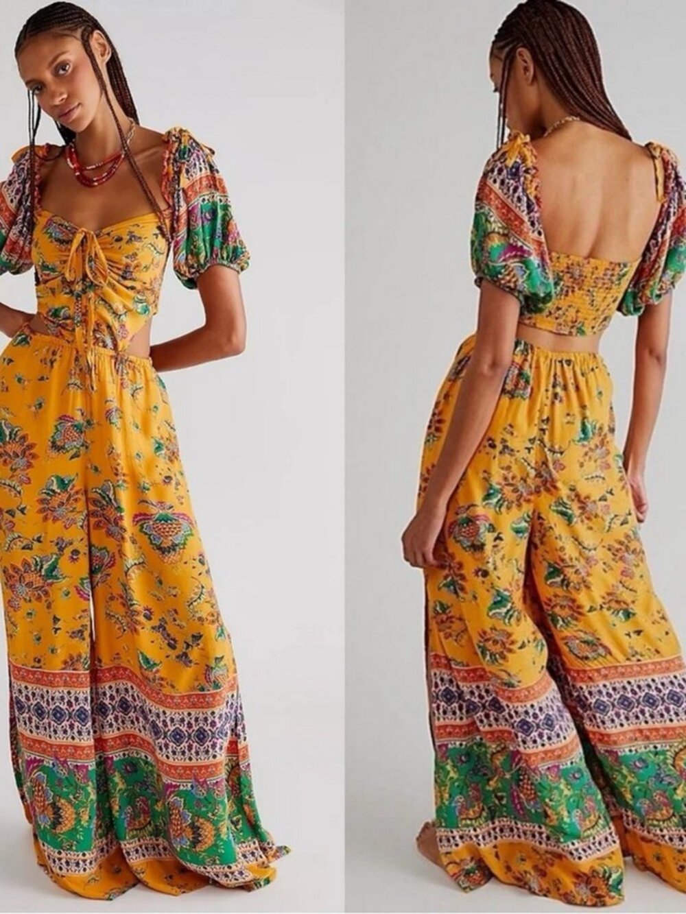 Free People Bali Citrus Skies Tangerine Bohemian Wide Leg Jumpsuit
